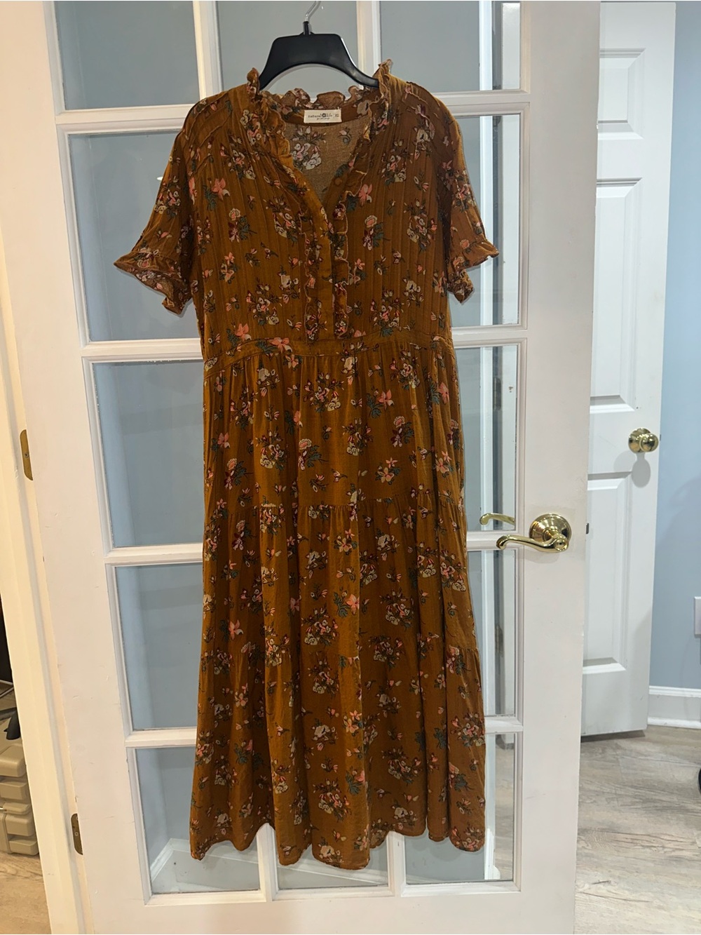 Natural Life Midi Dress Prairie Womens Brown XS Granola Gypsy Floral Button